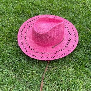 wyeth hamilton hot pink woven straw fedora summer sun hat w/ ties one size NEW